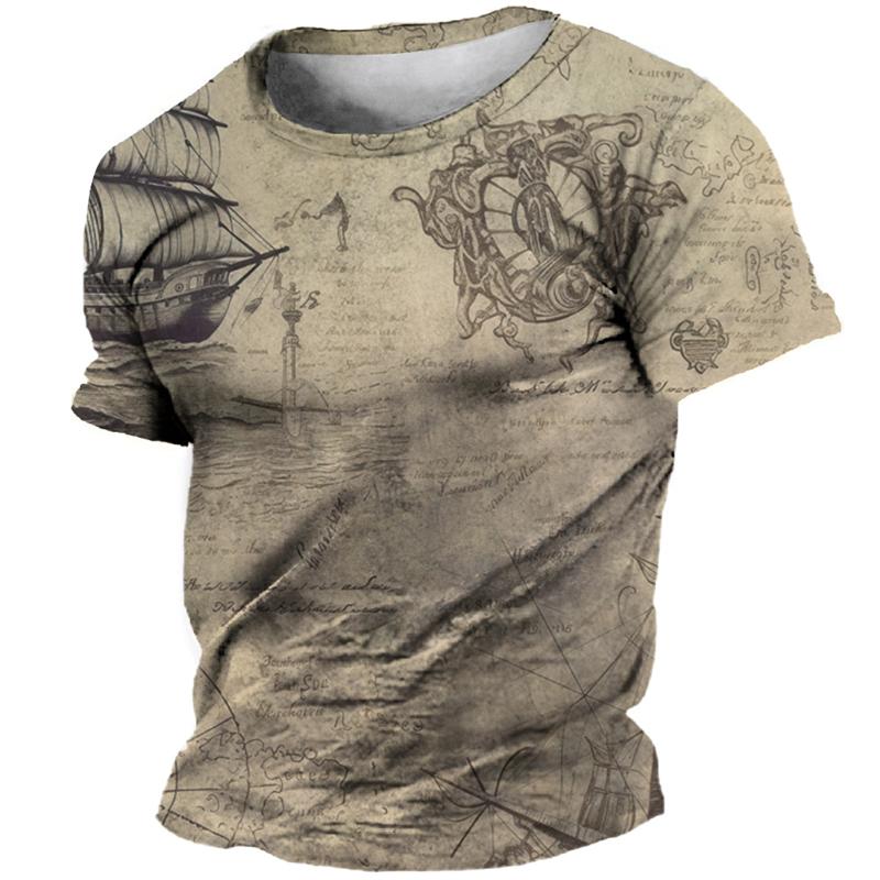 3D Винтажная футболка с принтом компаса для мужчин, топы с коротким рукавом, модная уличная футболка с рисунком корабля, футболка большого размера, мужская одежда