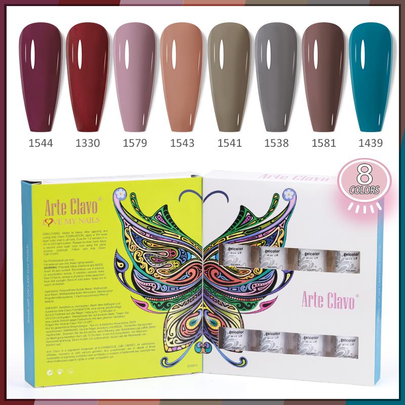 Arte Clavo 8 бутылок/набор, высококачественный блестящий гель-лак для ногтей для маникюра, гель-лак для дизайна ногтей, верхнее базовое покрытие, лак