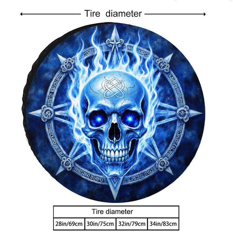 Polyester Fiber Car Tire Cover With Cool Mysterious Blue Flame Skull Pattern, UV Protection, Dustproof, Sunshade, SUV Off-Road S