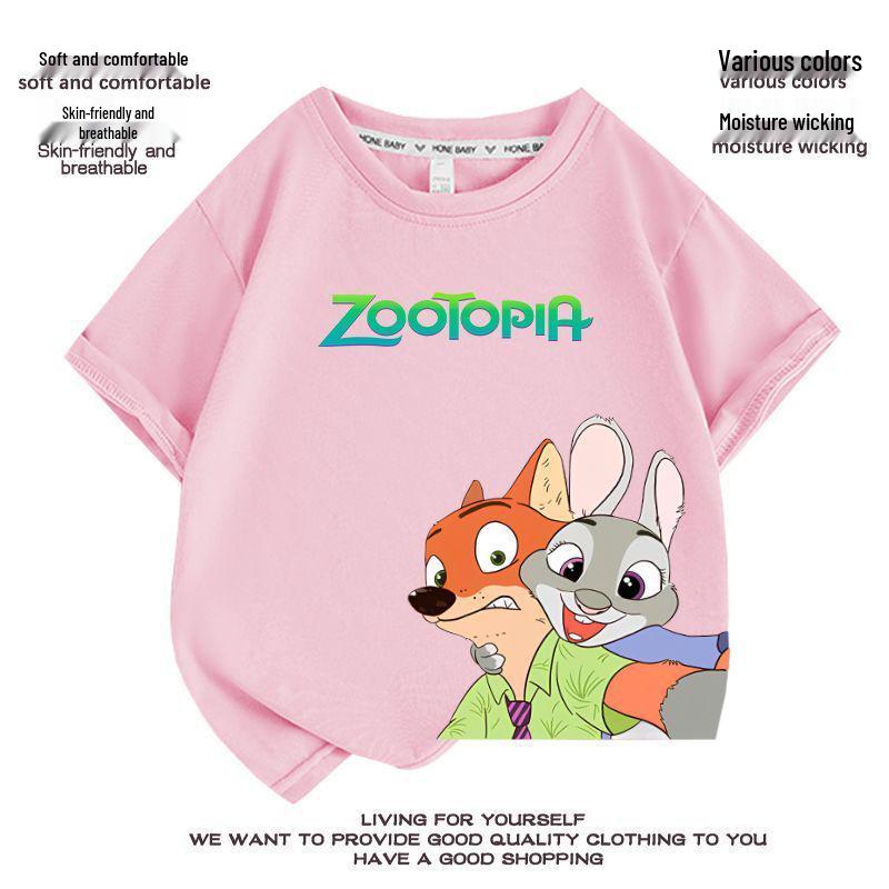 Детская футболка Zootopia с мультяшным принтом - Короткий рукав, 100% хлопок, Стильный летний топ для мальчиков и девочек