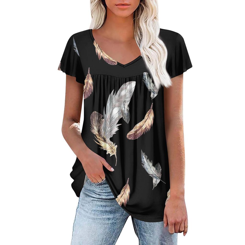 Женские туники, элегантные повседневные летние рубашки с коротким рукавом, цветочные свободные плиссированные топы в стиле бохо