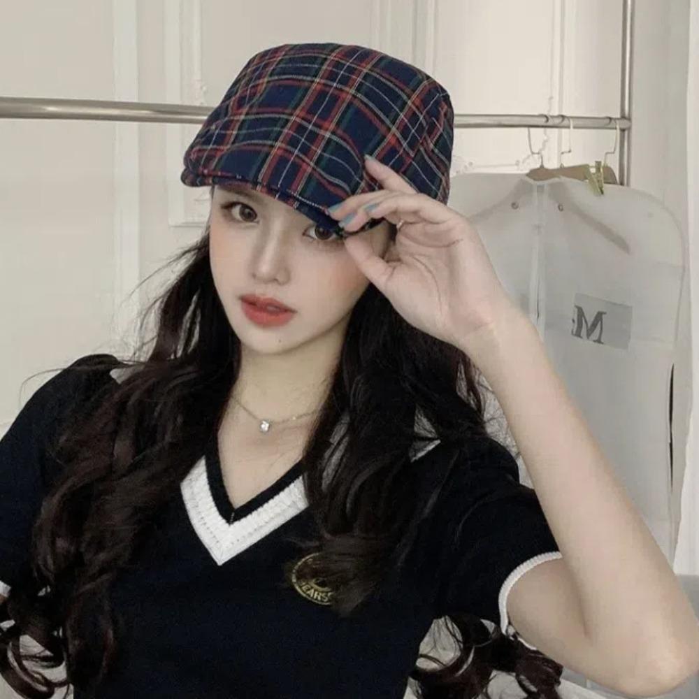 Ретро Клетчатый Берет Хлопковая Ткань Кепка Художника Повседневная Женская Шляпа Художника Работа