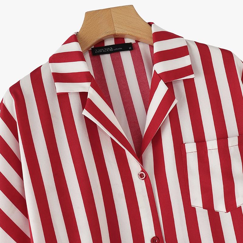ZANZEA Женская повседневная летняя блузка в полоску с отложным воротником и коротким рукавом