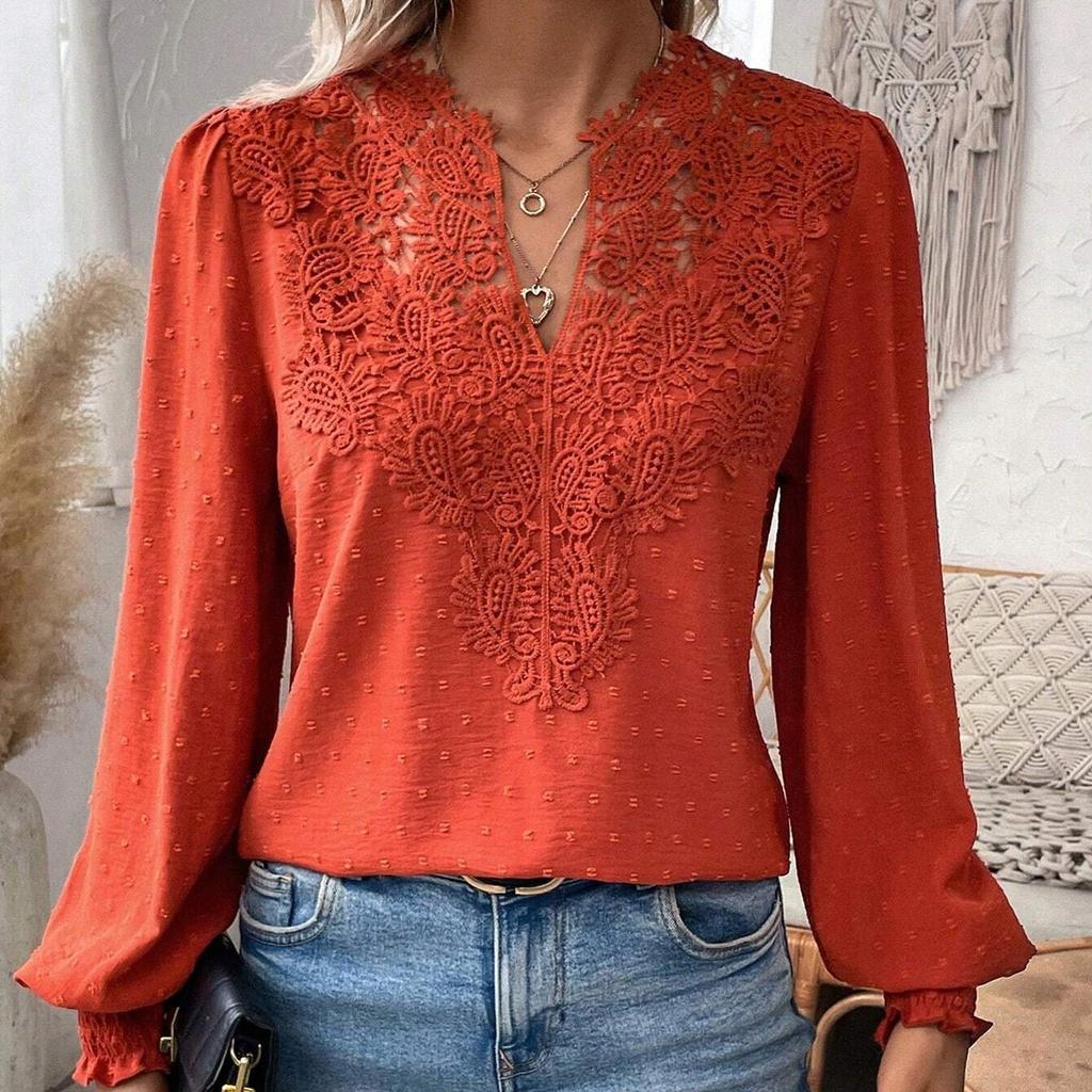 Women's Spring and Autumn Shirts, Bottoming Shirts, V-neck Lace Stitching, Solid Color Tops, Shirts, Casual Women's Clothing