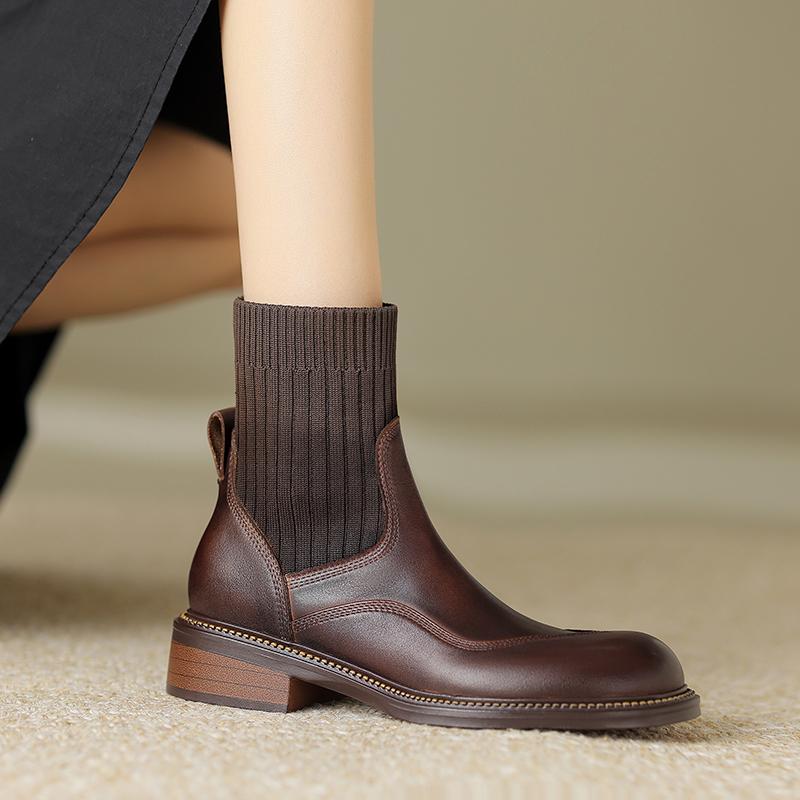 2024 Новые винтажные короткие сапоги для женщин из натуральной кожи на толстом высоком каблуке, осенне-зимняя обувь для женщин с квадратным носком, базовая офисная обувь для леди