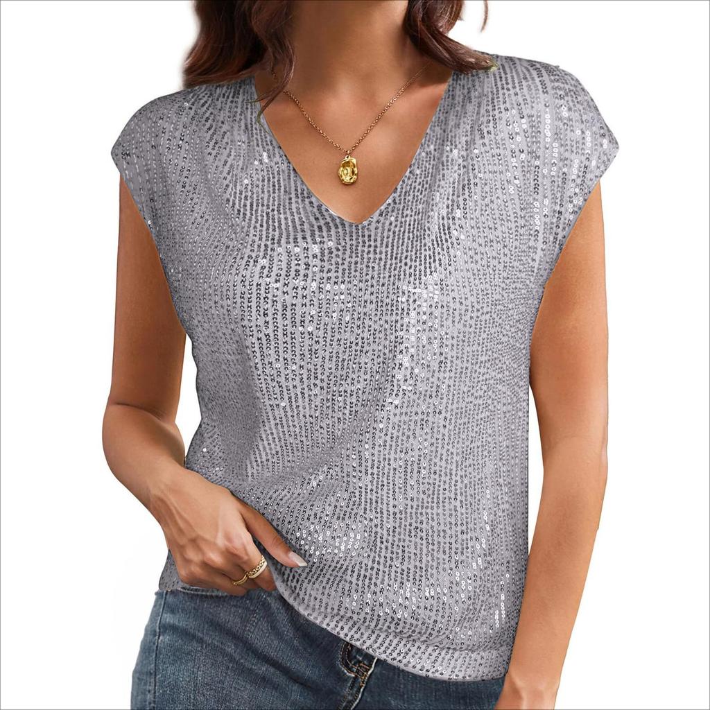 Summer New Women's V-neck Sequined Short Sleeved Top Vest for Women