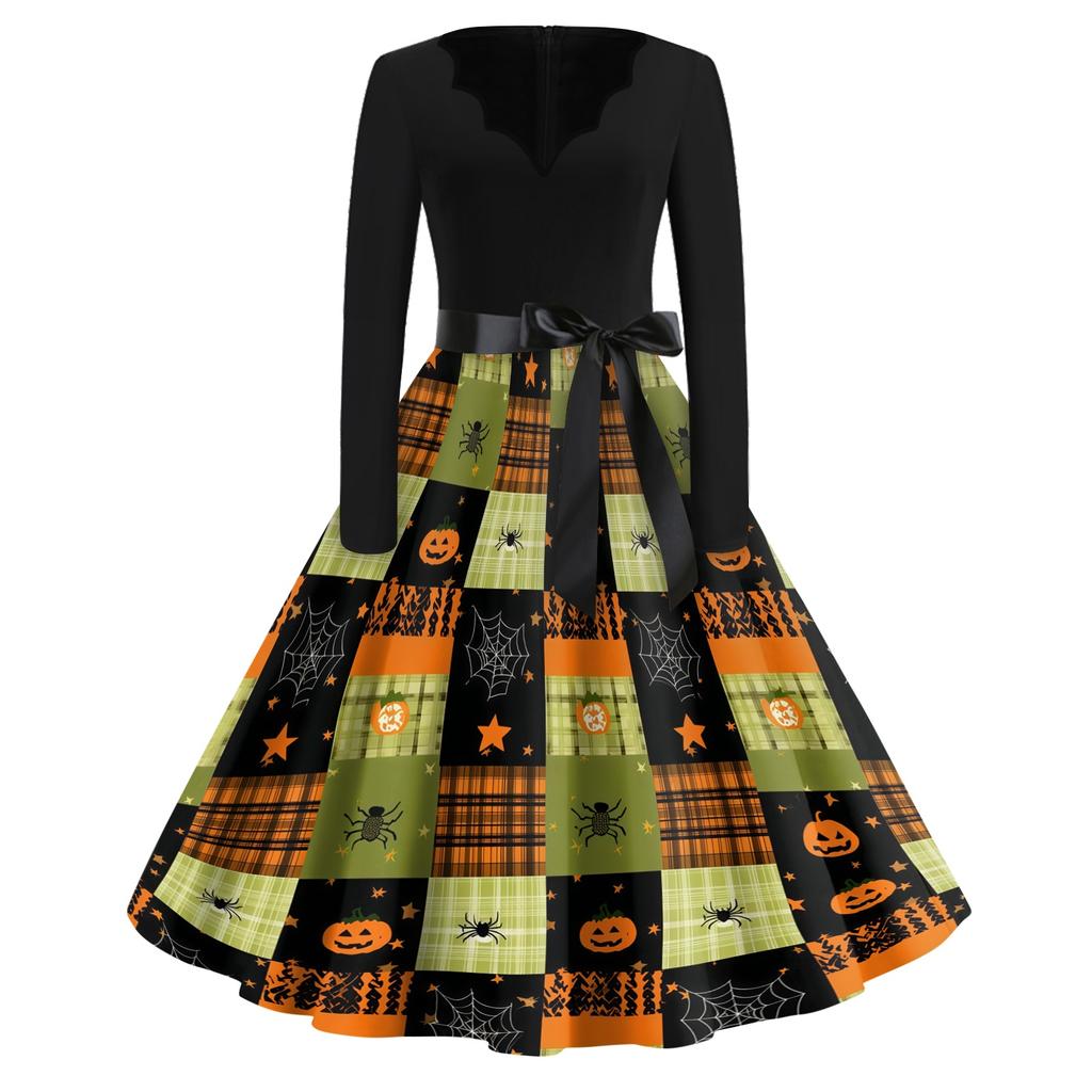 Women's Casual Halloween Printed V Neck Vintage Dress Long Sleeve Retro Fit and Flare Knee Length Dress with Belt and Halloween Pumpkin Design