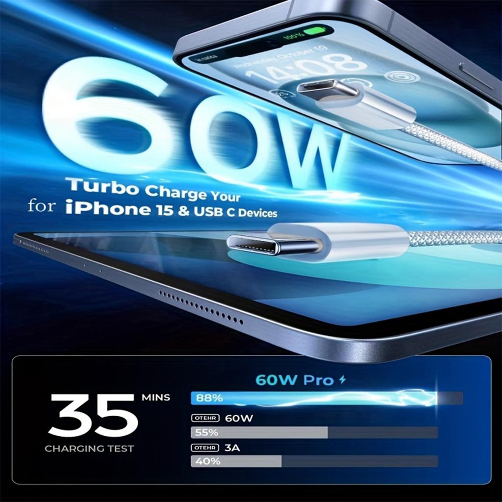 PD 60W USB C Fast Charger Cable For iPhone 15 Pro Max Plus Samsung Xiaomi Huawei Type C To Type C Fast Charging Braided Cable