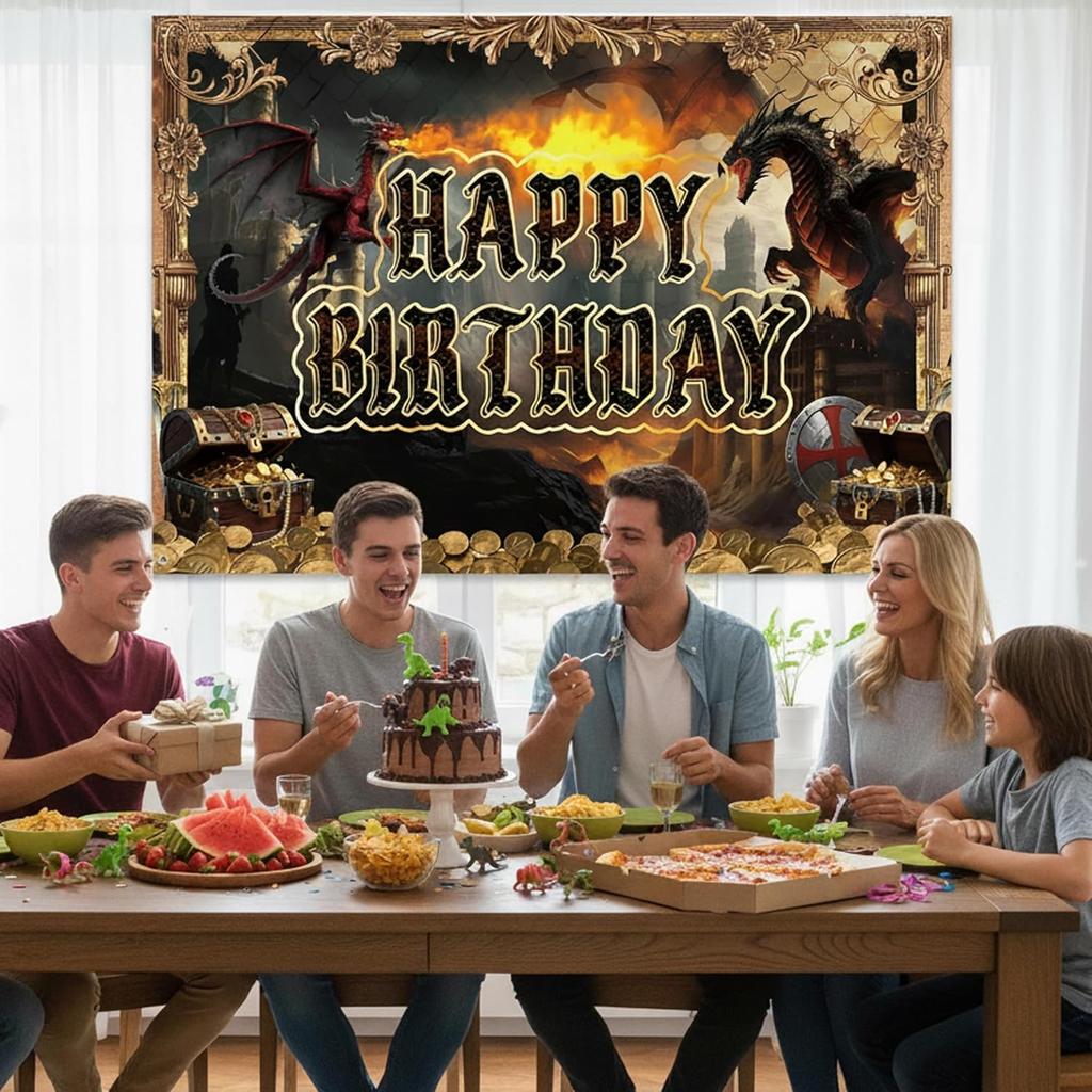 Dragon Birthday Party Decorations Banner - Happy Birthday Medieval Dragon Theme Decoration Backdrop, Dragons Castle Flame Party Supplies Photo