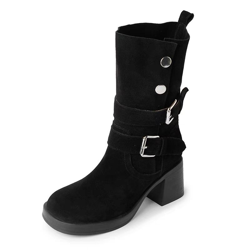 Fashion Fashion Belt Buckle Vintage Mid-calf Boots Women 2024 Autumn Chunky Heels Western Cowboy Boots Woman PU Leather Knight Booties