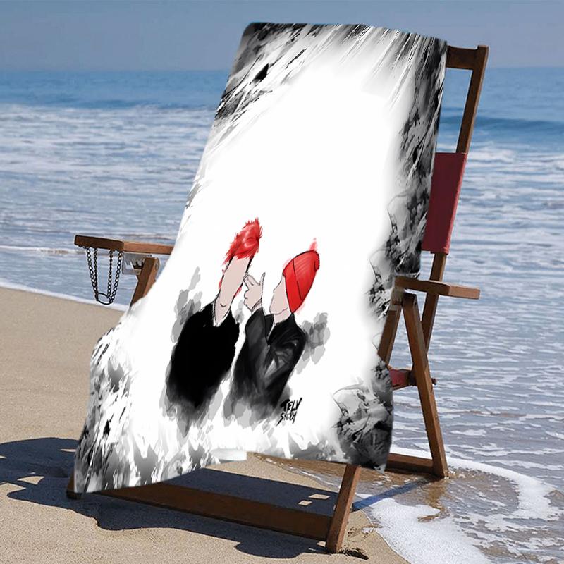 proof beach towel with a Tyler Joseph and Josh Dun pattern - soft,absorbent,quick-drying,machine washable - perfect for swimming,camping,bathing
