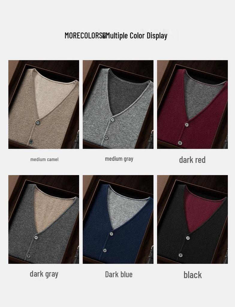 Men's Loose Casual V-neck Color Block Thickened Cashmere Knitted Sleeveless Vest Cardigan