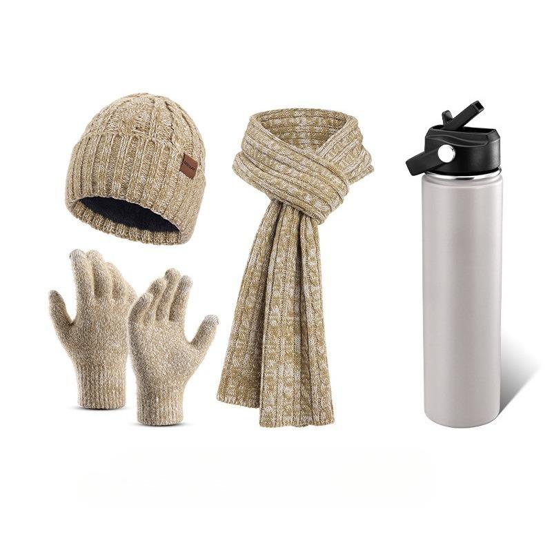 Christmas Hat, Scarf, Gloves, Water Cup Four-piece Set, Winter Velvet Warm Knitted Hat, New Year's Gift Box.