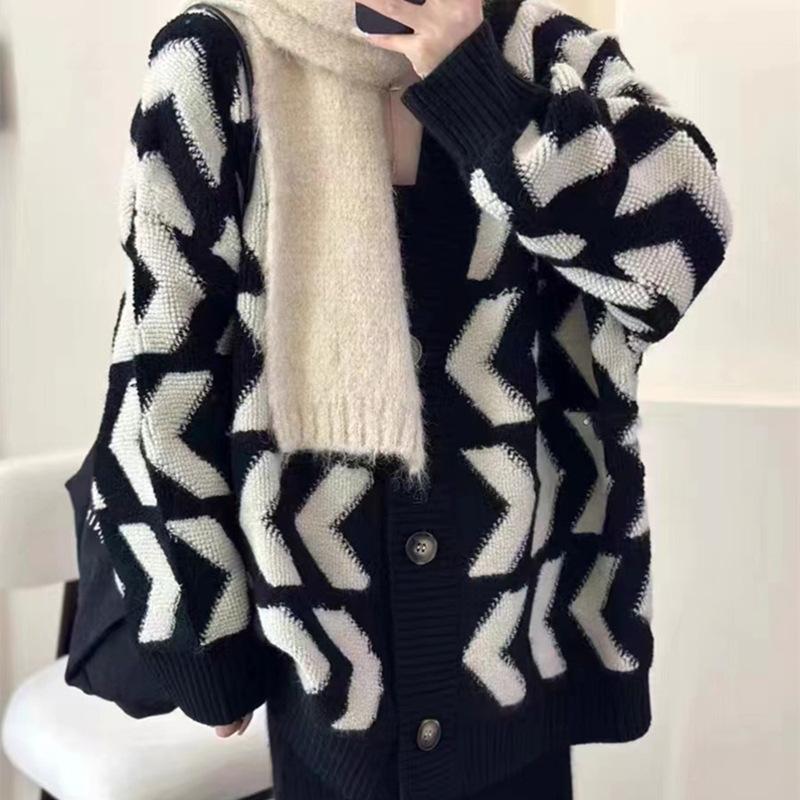 Осенне-зимний женский свитер, кардиган, контрастный цвет, длинный рукав, пуговицы в полоску, свободная одежда, вязаный свитер, куртка