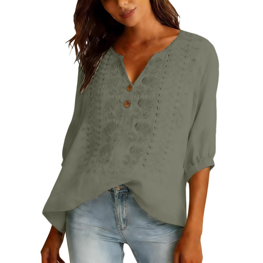 Women's Casual O-Neck Button Down Shirt Color 3/4 Sleeve Hem Split Cotton Blouse