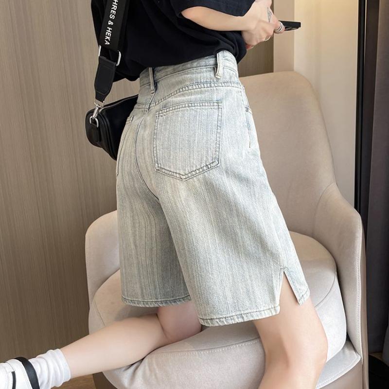 Светлые джинсовые шорты длиной пять четвертей для женщин, летние, тонкие, с высокой талией, утягивающие, с разрезом в ретро-полоску, свободные и широкие брюки средней длины