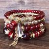 4Pcs Women Bracelets Faux Crystal Smooth Multi Pendant Jewelry Retro Bohemian Style with Elastic Cord Multi-layered Stackable Bracelet Set