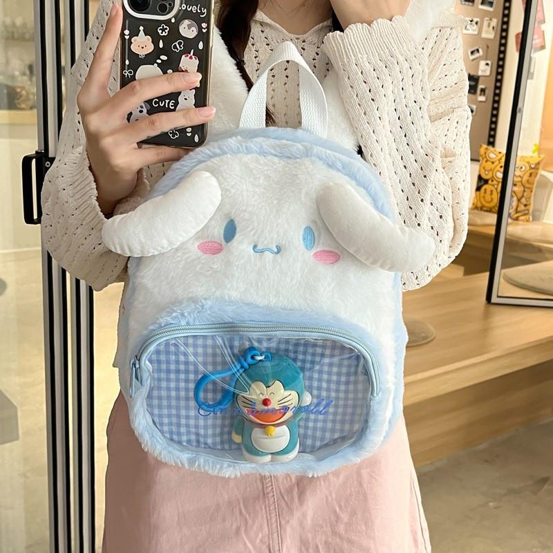Cute Hello Kitty Kuromi Cinnamoroll My Melody Checkered Pattern Plush Backpack For Leisure Trips