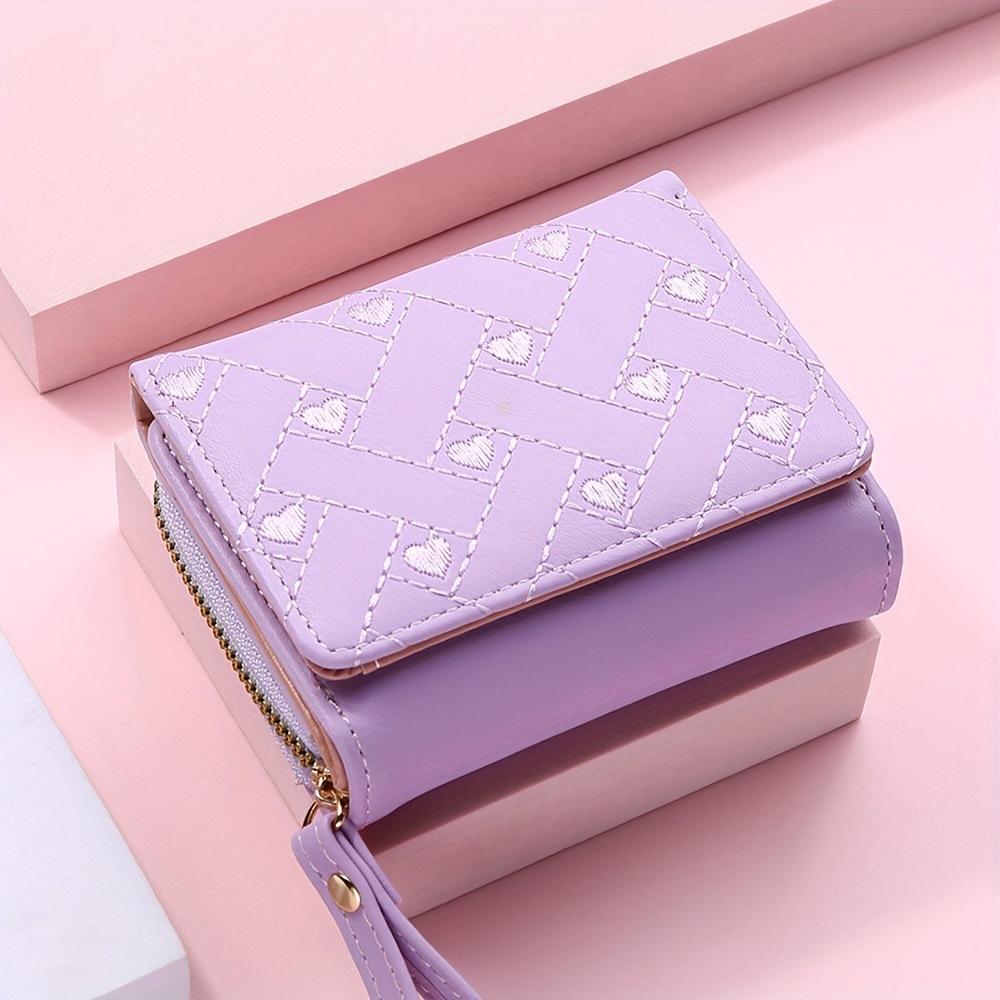 Women Wallet PU Leather Embroidered Love Tri-fold Card Holder Multi-card Slot Coin Purses