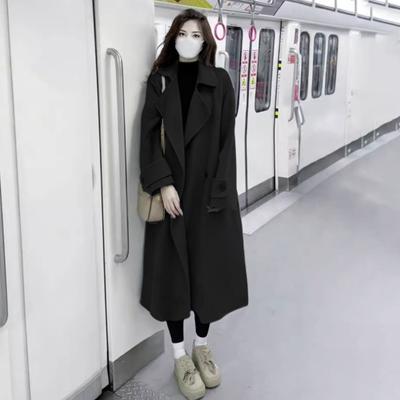 Женское зимнее пальто с отложным воротником и карманами средней длины, однотонный двубортный кардиган свободного кроя, пальто с длинными рукавами для поездок на работу