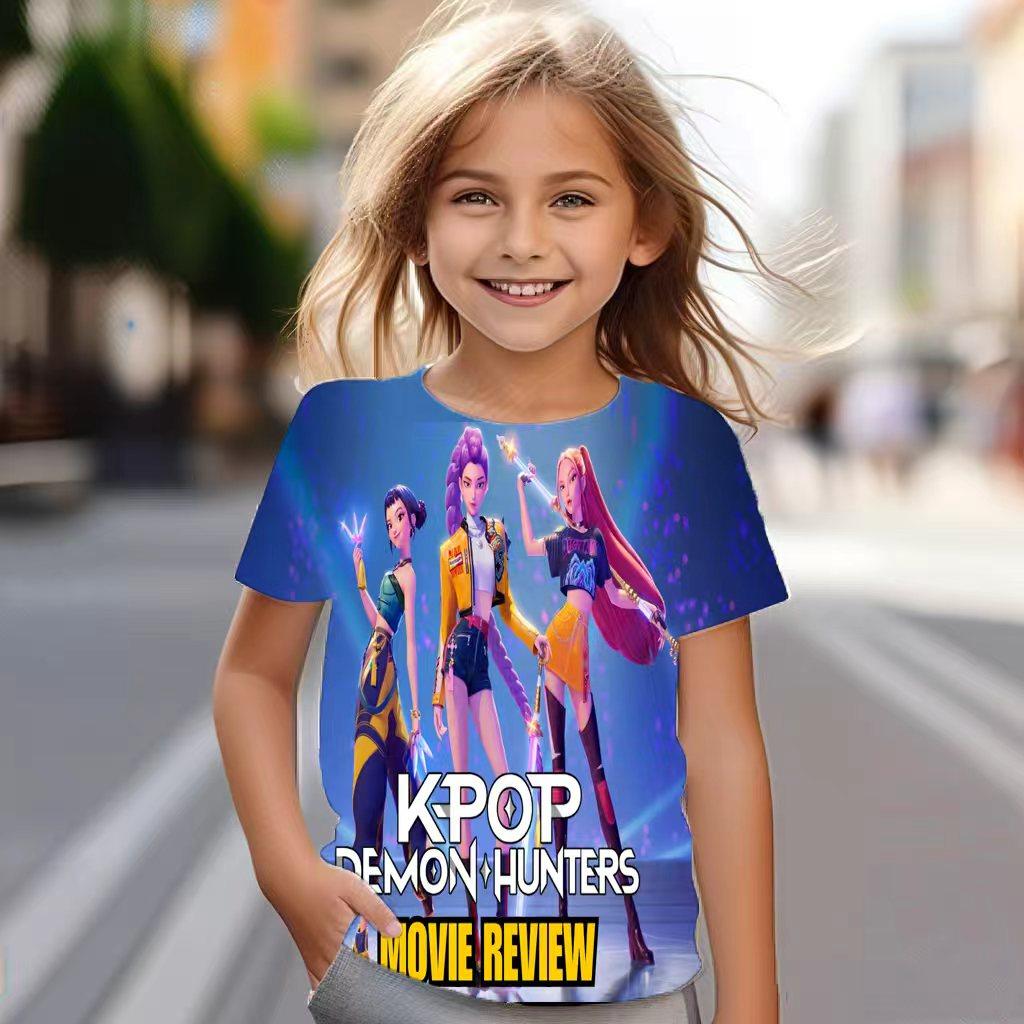 K-pop Охотник на демонов Аниме Футболка с принтом Удобная Модная Круглый вырез Детская одежда Модные Повседневные Топы Мягкая Девочки Цветная Футболка