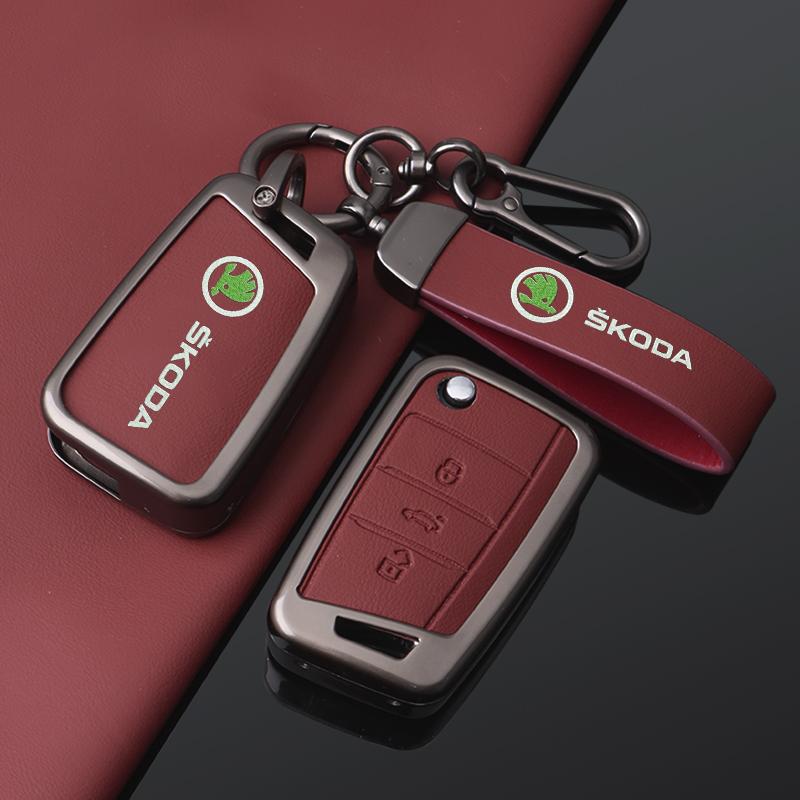 EMIW1 Zinc Alloy Leather Car Remote Key Case Fob Cover Holder Shell for Skoda Octavia Kodiaq Karoq Protector Keychain Accessories