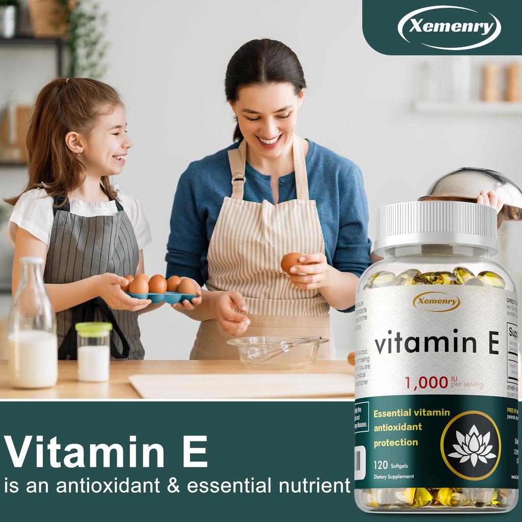 High-purity vitamin E extract capsules, all-natural, gluten-free, 120 capsules, suitable for adults.