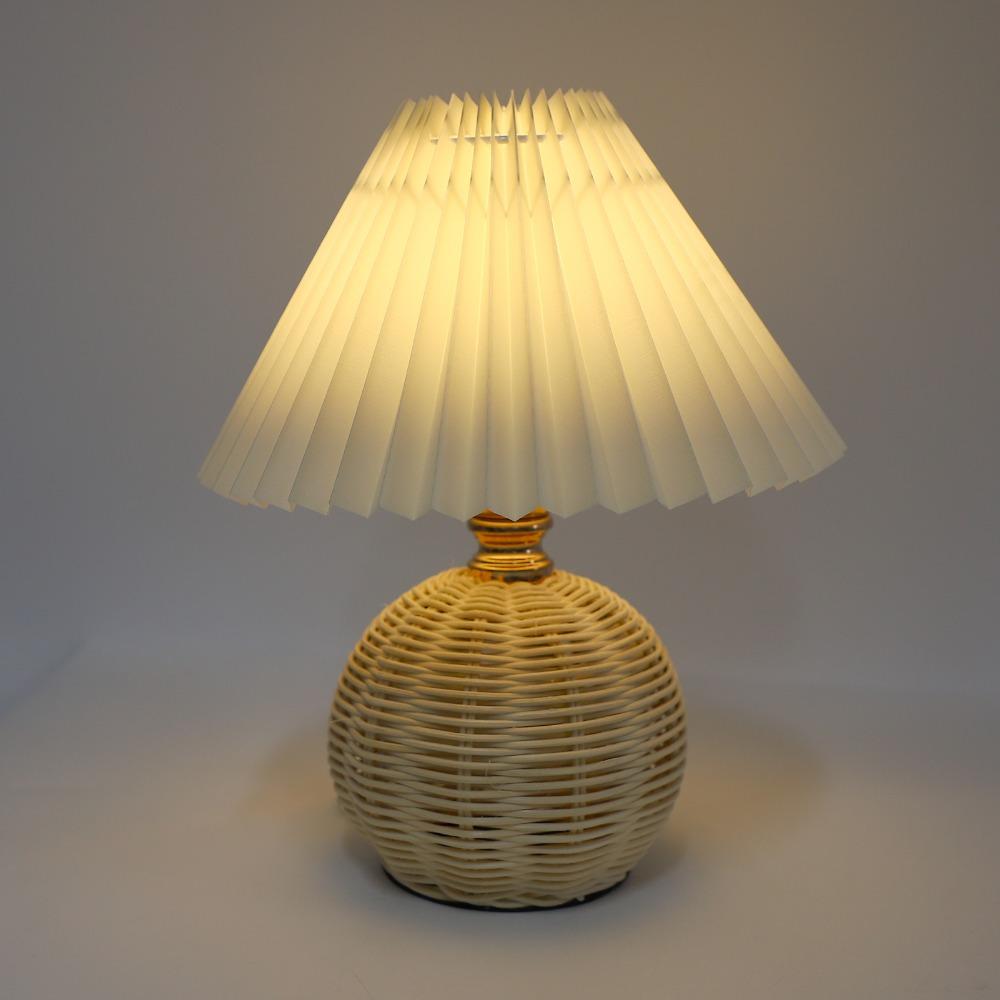 Soft Light Pleated Table Lamp Rattan Base Nightstand Lamp Modern Desk Accent Lamp Nightstand Decor