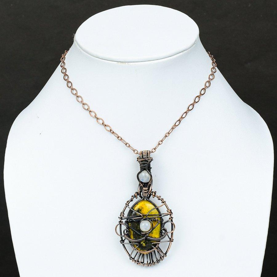 Bumblebee Jasper, Moonstone Gemstone Copper Wire Wrap Jewelry Pendant 3.66"