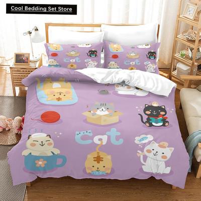 Пододеяльник с изображением мультяшного кота King Full Queen Lovely Pet Kitty, комплект постельного белья с изображением животных, 2/3 шт., фиолетовый полиэстер, покрывало для одеяла