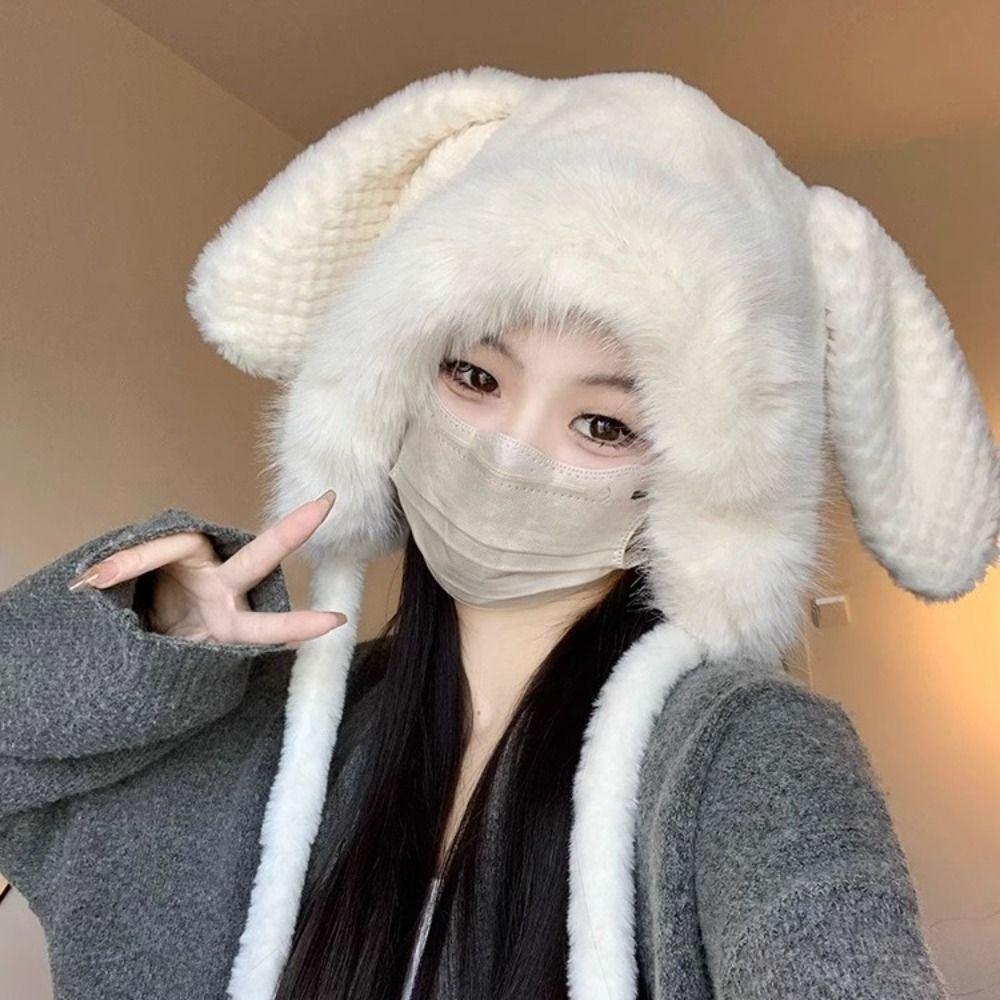 Warm Plush Ear Protection Hat Cute Bucket Hat New Big Rabbit Ears Hat Women