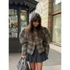 Women Vintage Plaids Double Breasted Woolen Coats Fashion O Neck Fluffy Long Sleeves Jacket Autumn Winter Chic Lady Warm Outwear