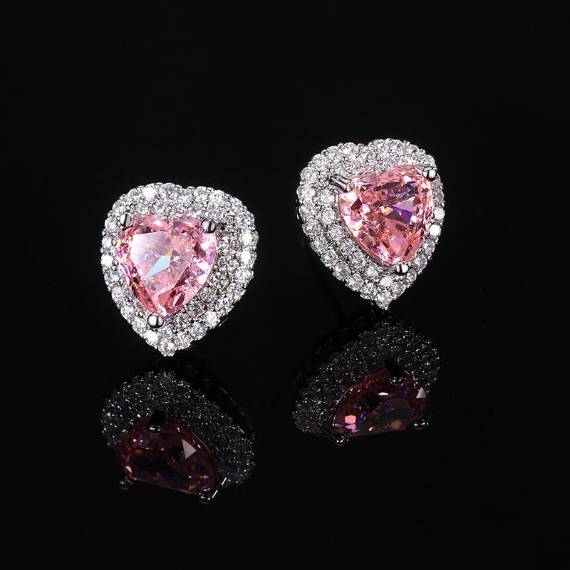 European and American Pink Yellow Ice Flower Cut Love Heart Shaped Earrings Red Corundum Inlaid with Main Stone
