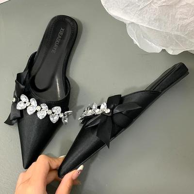 Хрустальные женские тапочки Туфли-балетки с острым носком Платье Уютные женские сандалии 2025 Дизайнерский тренд Бренд Мода Бант Chaussures Femme