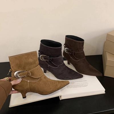 Зима Новый бренд Женские короткие ботинки Модные с пряжкой Слипоны Остроносые Ботильоны Тонкий Низкий каблук Туфли-лодочки для платья