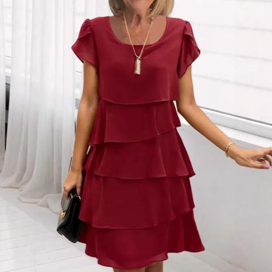 Женское шифоновое платье с присборенным краем, круглым вырезом, короткими рукавами, многослойным дизайном