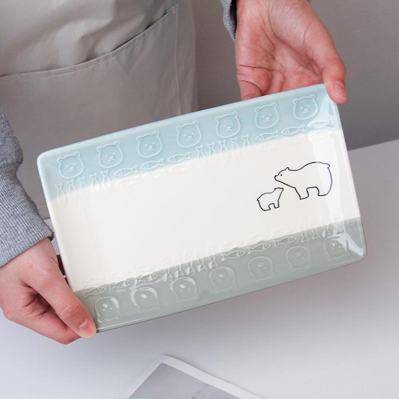 Бесплатная доставка Керамическая посуда в японском стиле с белым медведем, Подглазурная роспись, Милая детская тарелка для еды, Тарелка-подкладка, Поверхностная миска, Салатник