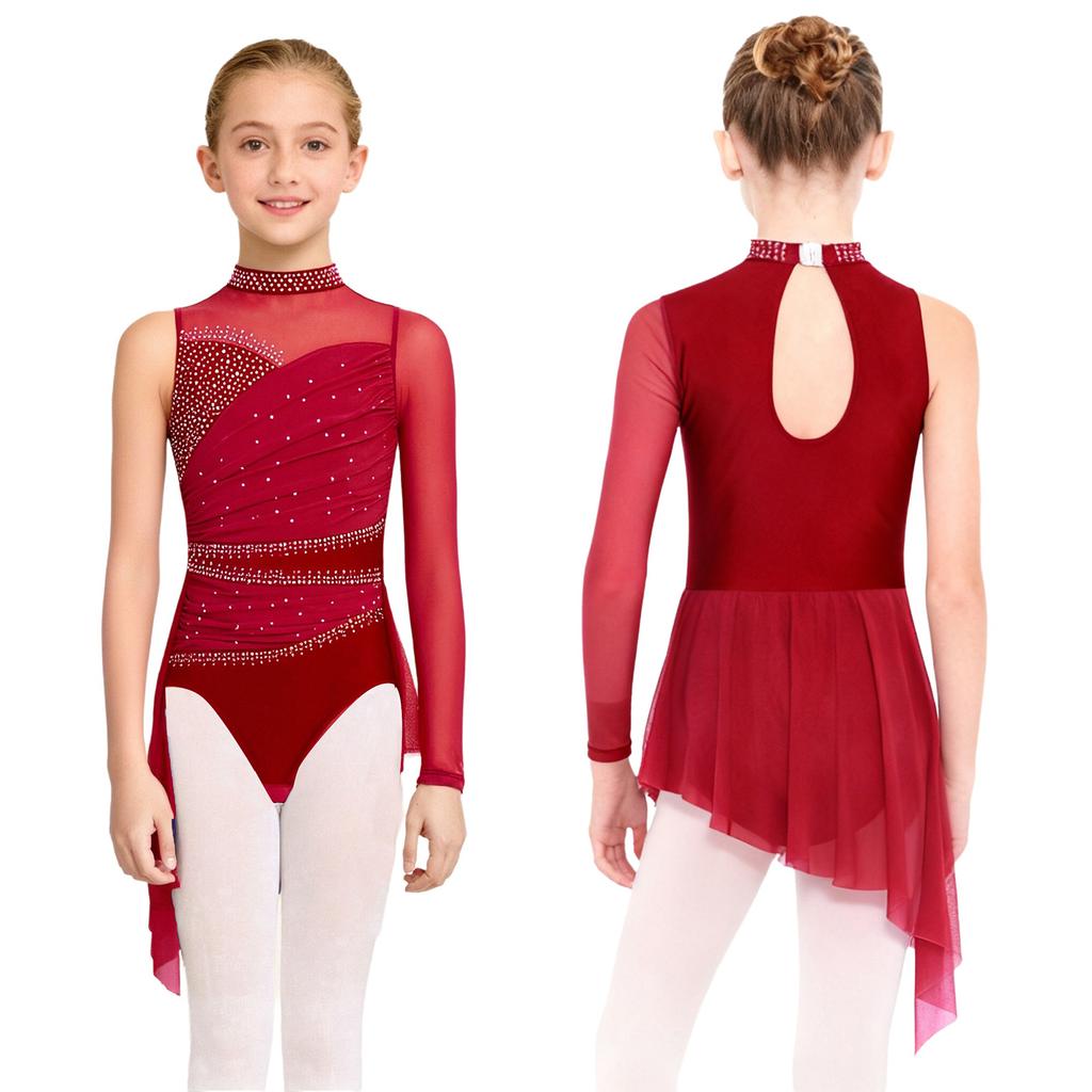 Kids Figure Skating Dress Girls Lyrical Dance Costume Sparkling Rhinestones Leotard with Mesh Skirt for Competition