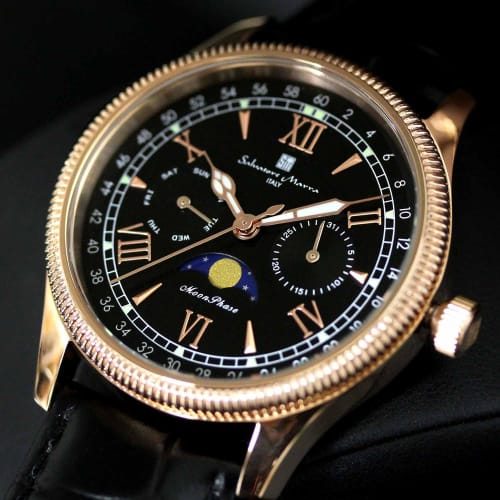 Salvatore Marra Men's Limited Edition Moon Phase Multi-Calendar Watch with 5 ATM Water Resistance, Leather Strap, Pink Gold and Black, SM24110-PGBK
