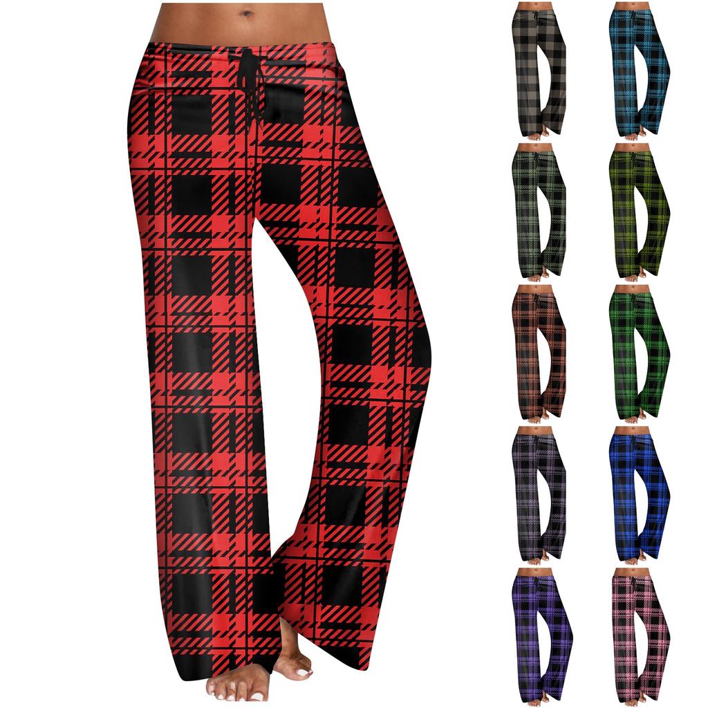 Women's Casual Strapping Wide Leg Pants With Plaid Printed Casual Pants