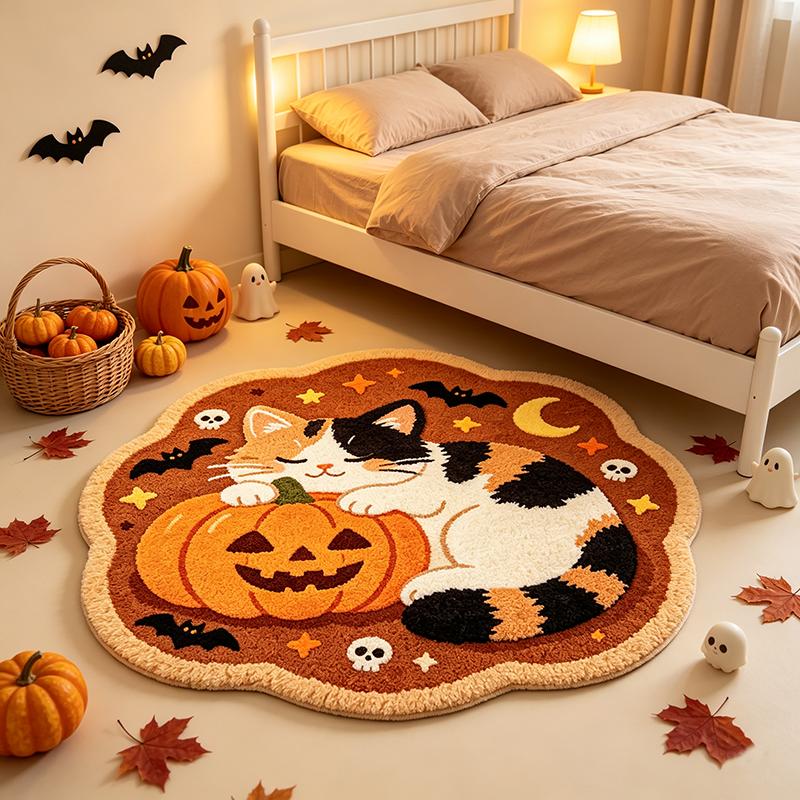 Halloween Calico Cat Pumpkin Shaped Area Rug Cute Bat Skull Non‑Slip Floor Mat for Bedroom Holiday Home Decor