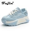 Fujin 7 см джинсовая ткань, замша, натуральная кожа, платформа на танкетке, удобные ботинки на плоской подошве, дышащие женские массивные кроссовки, летняя обувь