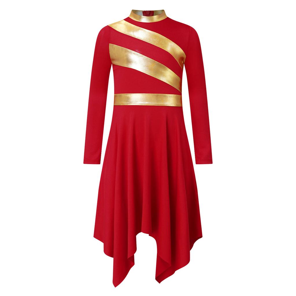 Платье для церковного выступления для девочек, металлическая лоскутная работа, воротник-стойка, длинный рукав, асимметричный подол, контрастный цвет, одежда для богослужения