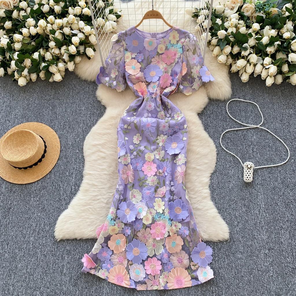 Элегантное цветочное вышитое О-образное платье в стиле винтаж с коротким рукавом и фонариком, шикарное облегающее платье-русалка, французская вечерняя женская одежда для улицы