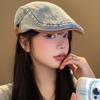 Washed Denim Forward Hat Women's Retro Versatile Face Small Beret Wearing Big Head Circumference Blue Hat Tide
