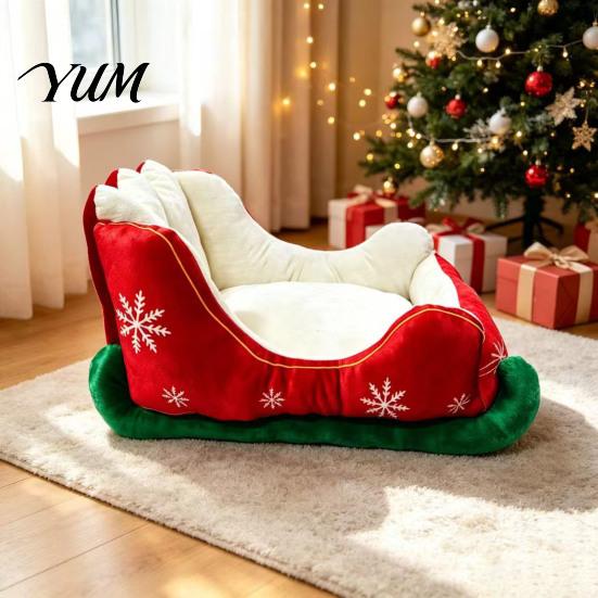 Soft Suede Dog House Christmas Sleigh Shaped Pet Bed, Cozy Holiday Cat Sofa Anti?Slip Base Comfortable Foam Mat Cushion, Washable Sleeping