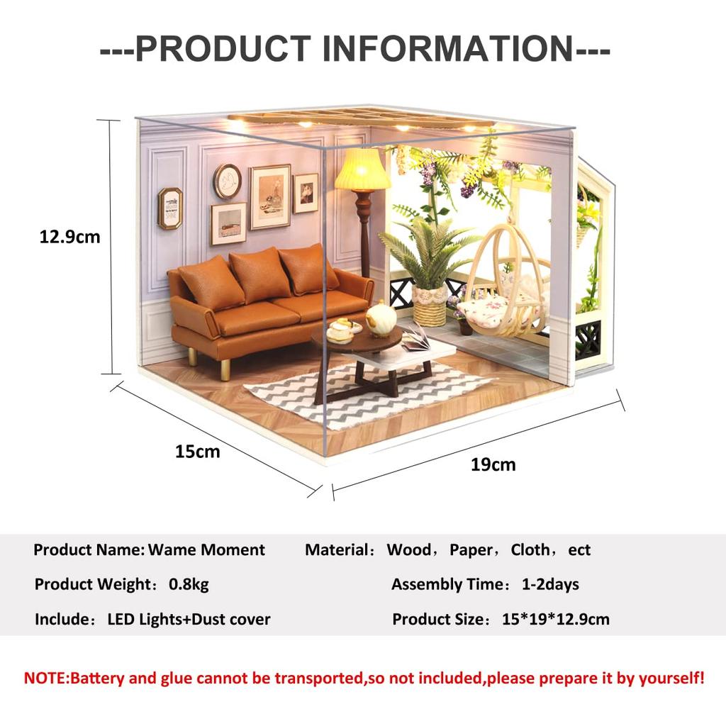 CUTEROOM Miniature Dollhouse Kit with Dustproof Cover and LED Light DIY House Wooden Dollhouse Kit for Teens Creative Gift for Craft Lovers Furniture,
