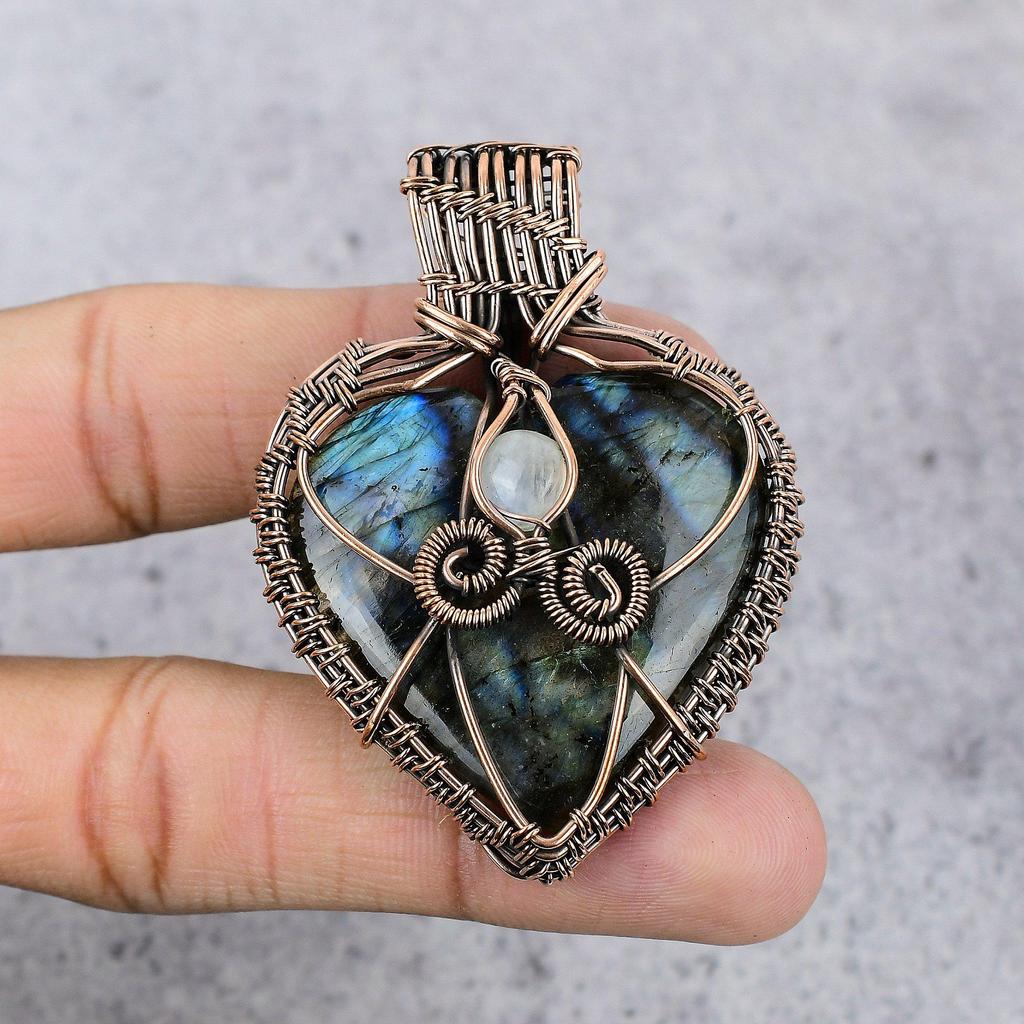 Labradorite Pendant, Handmade Gemstone 999 Copper Wire Wrapped Pendant Antique Jewelry, For Gift Silver Jewelry