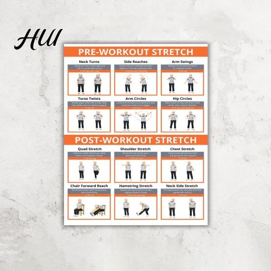 Office Workout Seated 2Pcs Full Body Stretching Poster Chart for Seniors Chair Exercise Routine Guide Pre Warm Up Elderly Low-Impact Flexibility Plan