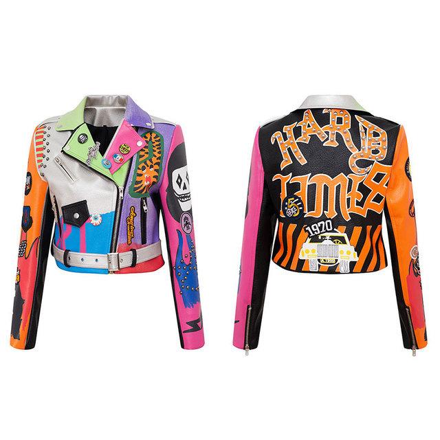 Весенние короткие кожаные куртки с рисунком черепа в стиле граффити для женщин в стиле панк, тонкая уличная одежда с заклепками, мотоциклетные куртки, пальто